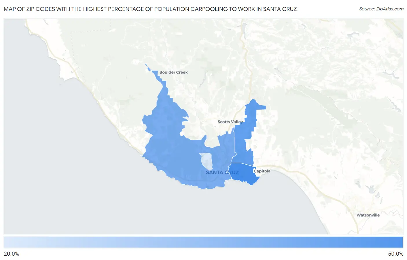 Zip Codes with the Highest Percentage of Population Carpooling to Work in Santa Cruz Map