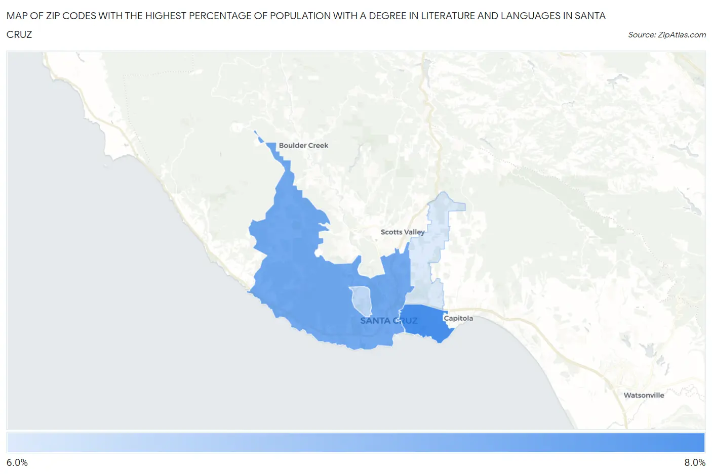 Zip Codes with the Highest Percentage of Population with a Degree in Literature and Languages in Santa Cruz Map
