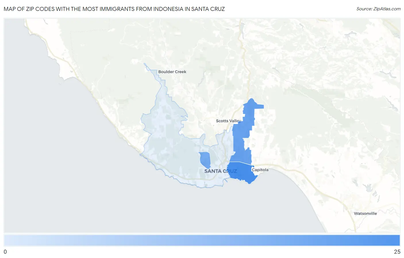 Zip Codes with the Most Immigrants from Indonesia in Santa Cruz Map