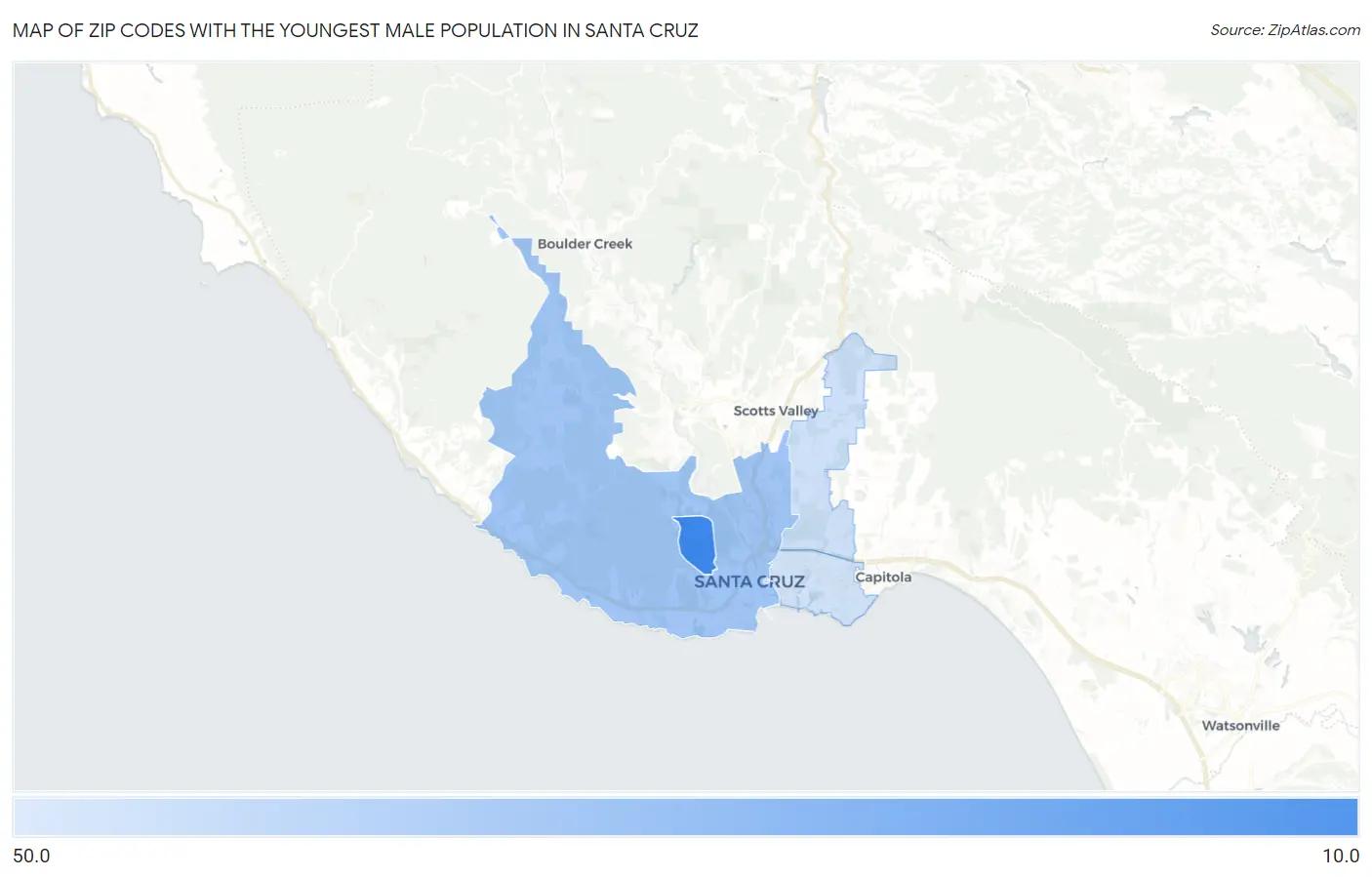 Zip Codes with the Youngest Male Population in Santa Cruz Map