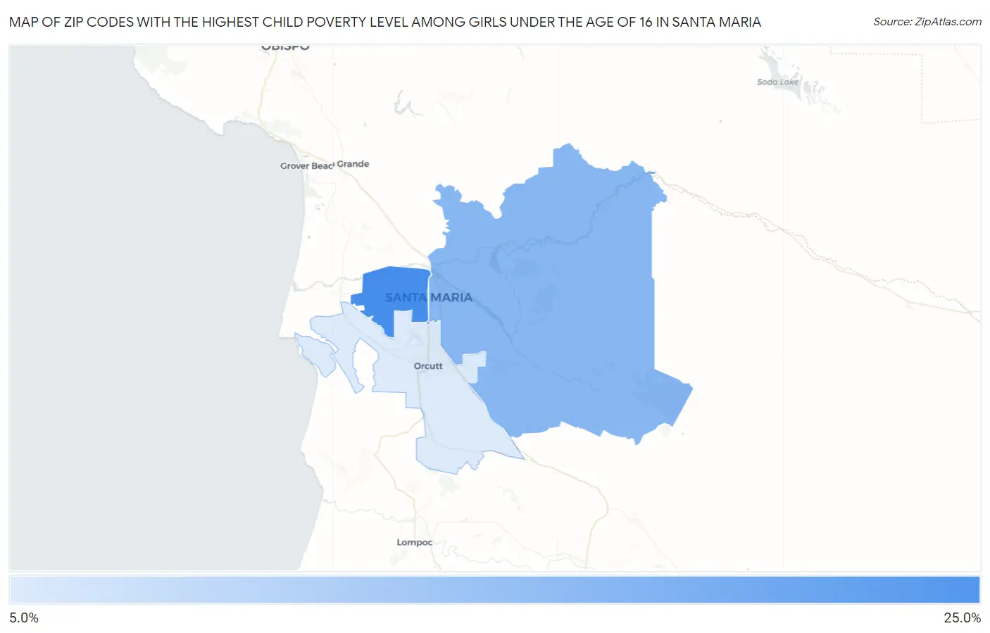 Zip Codes with the Highest Child Poverty Level Among Girls Under the Age of 16 in Santa Maria Map