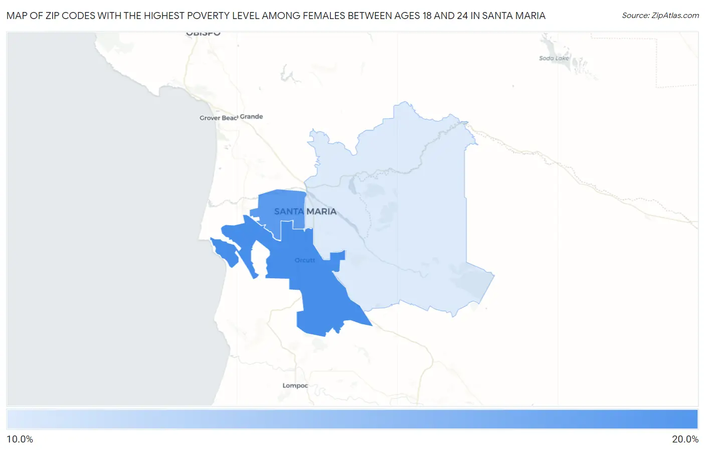 Zip Codes with the Highest Poverty Level Among Females Between Ages 18 and 24 in Santa Maria Map