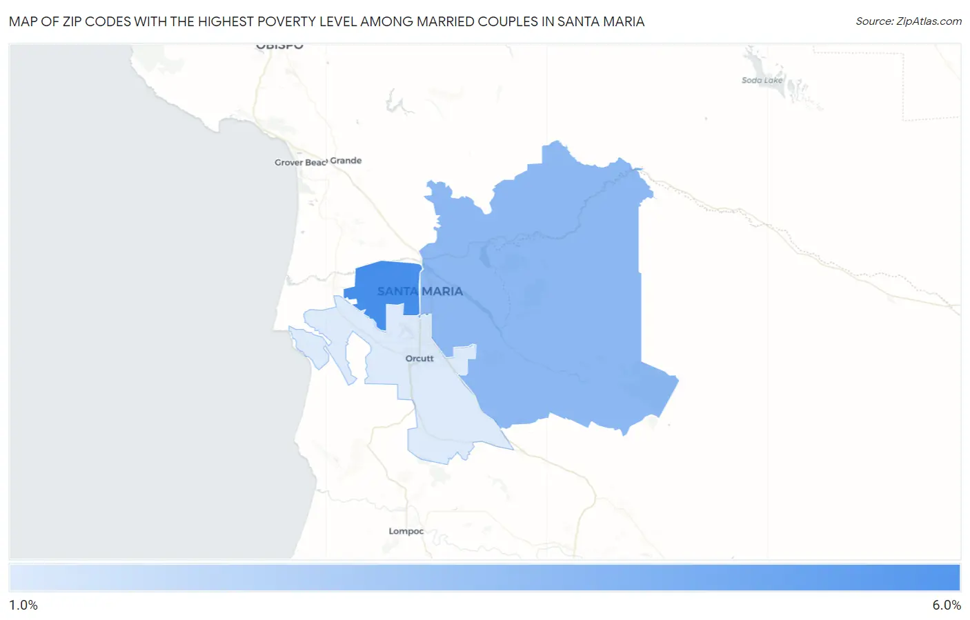 Zip Codes with the Highest Poverty Level Among Married Couples in Santa Maria Map
