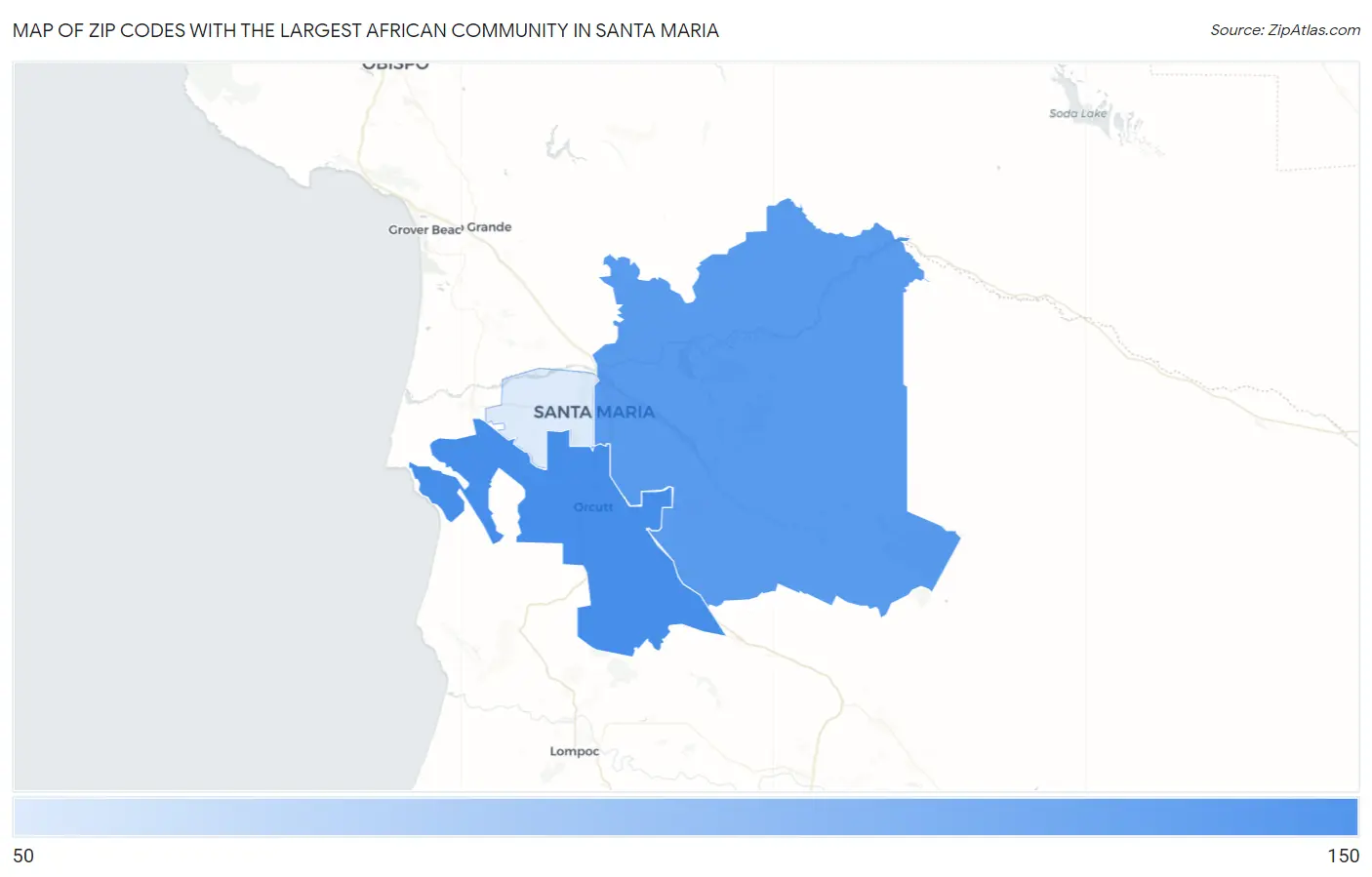 Zip Codes with the Largest African Community in Santa Maria Map