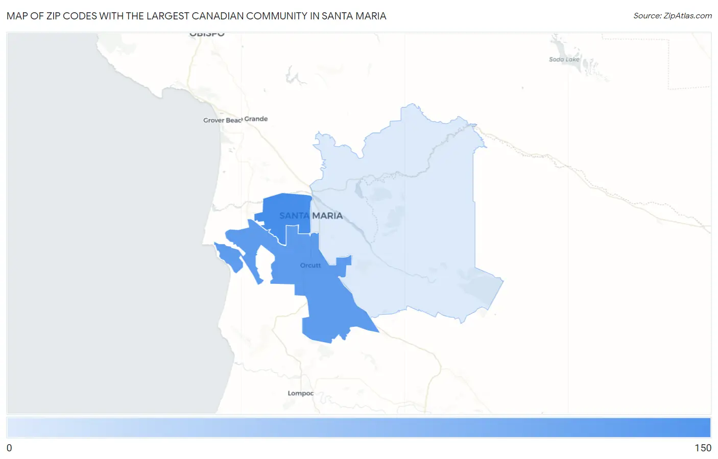 Zip Codes with the Largest Canadian Community in Santa Maria Map