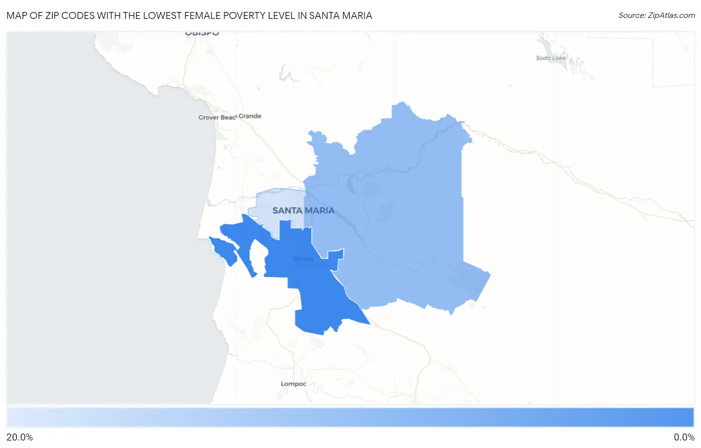 Zip Codes with the Lowest Female Poverty Level in Santa Maria Map
