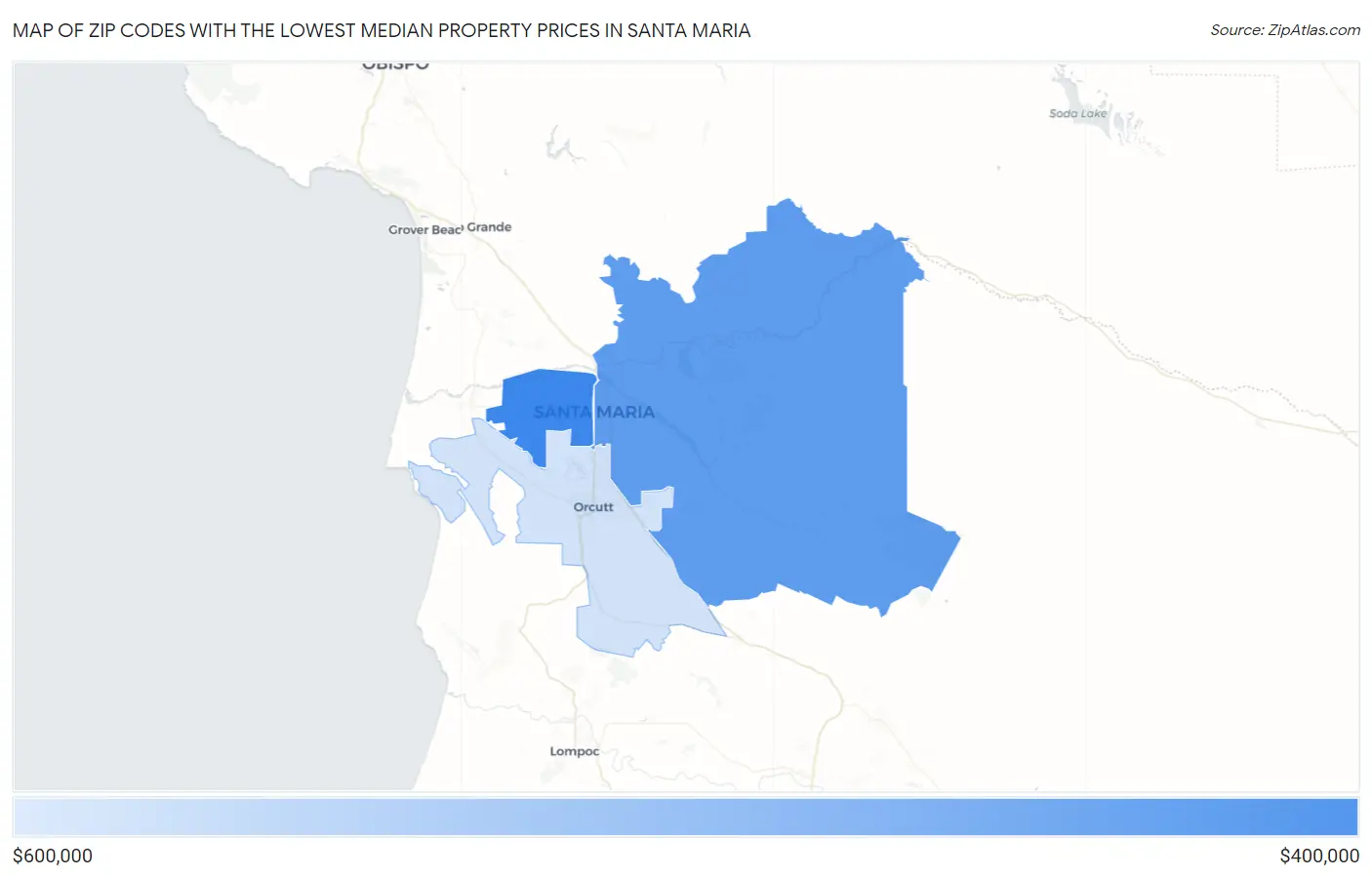 Zip Codes with the Lowest Median Property Prices in Santa Maria Map