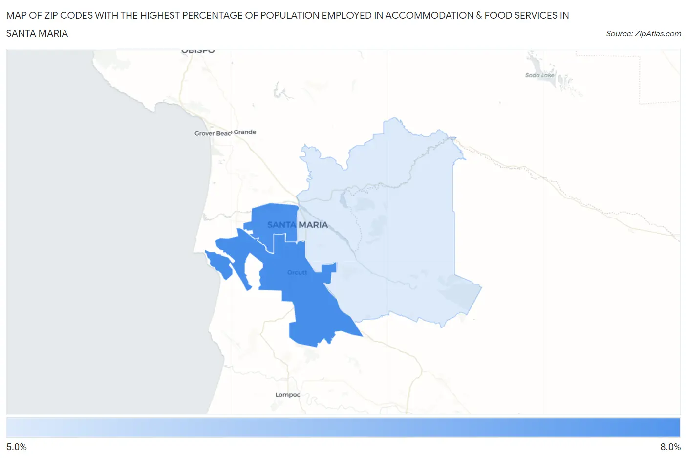 Zip Codes with the Highest Percentage of Population Employed in Accommodation & Food Services in Santa Maria Map