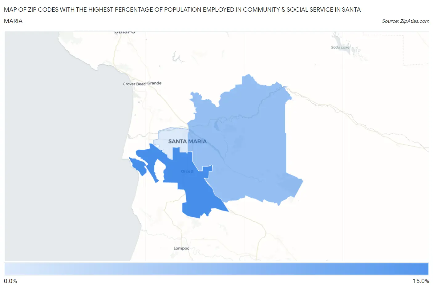 Zip Codes with the Highest Percentage of Population Employed in Community & Social Service  in Santa Maria Map