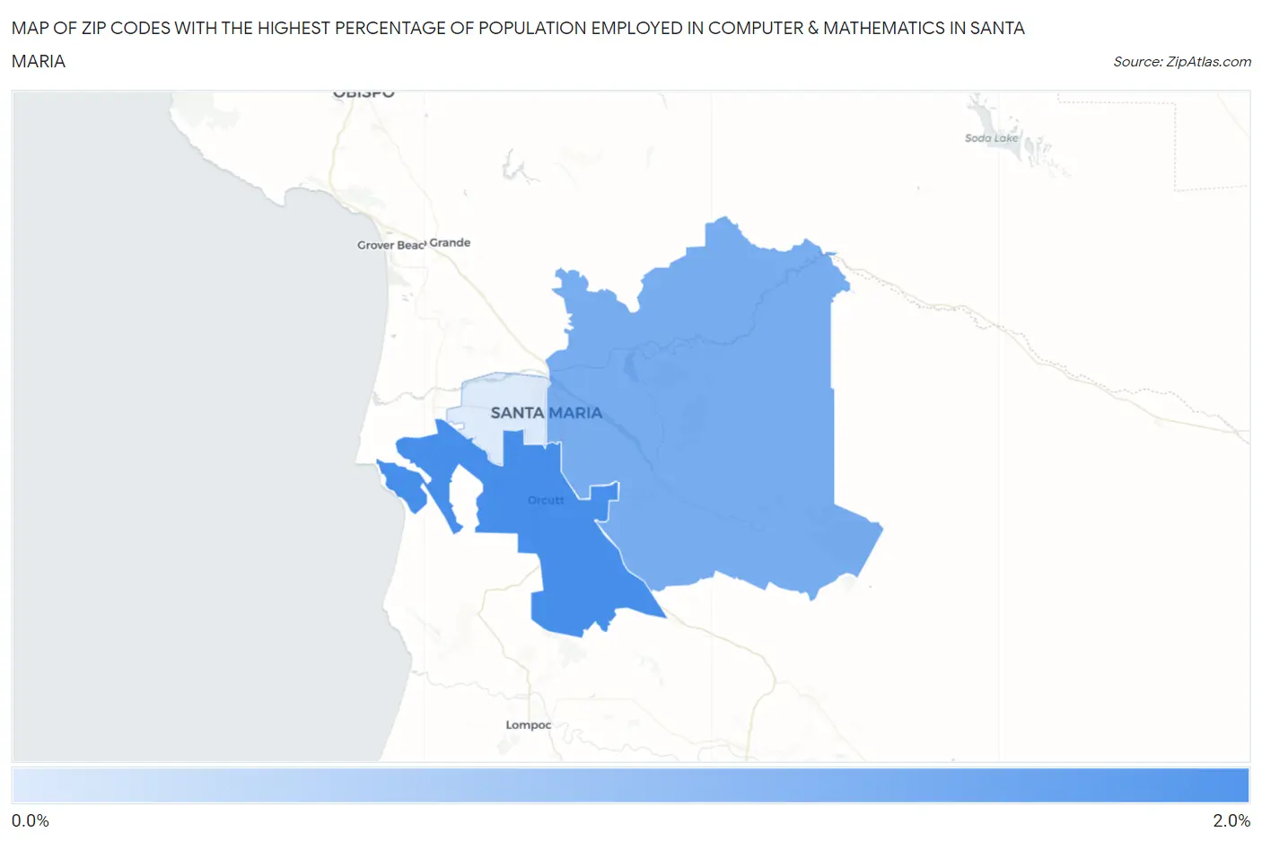 Zip Codes with the Highest Percentage of Population Employed in Computer & Mathematics in Santa Maria Map