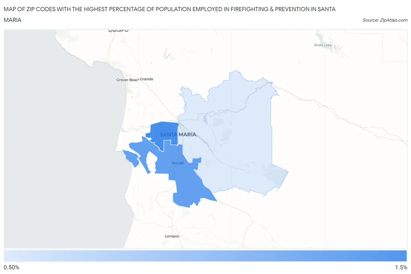 Zip Codes with the Highest Percentage of Population Employed in Firefighting & Prevention in Santa Maria Map