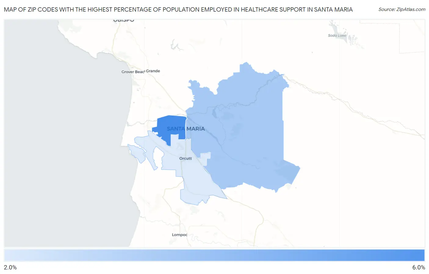 Zip Codes with the Highest Percentage of Population Employed in Healthcare Support in Santa Maria Map