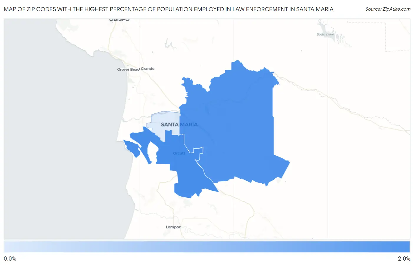 Zip Codes with the Highest Percentage of Population Employed in Law Enforcement in Santa Maria Map