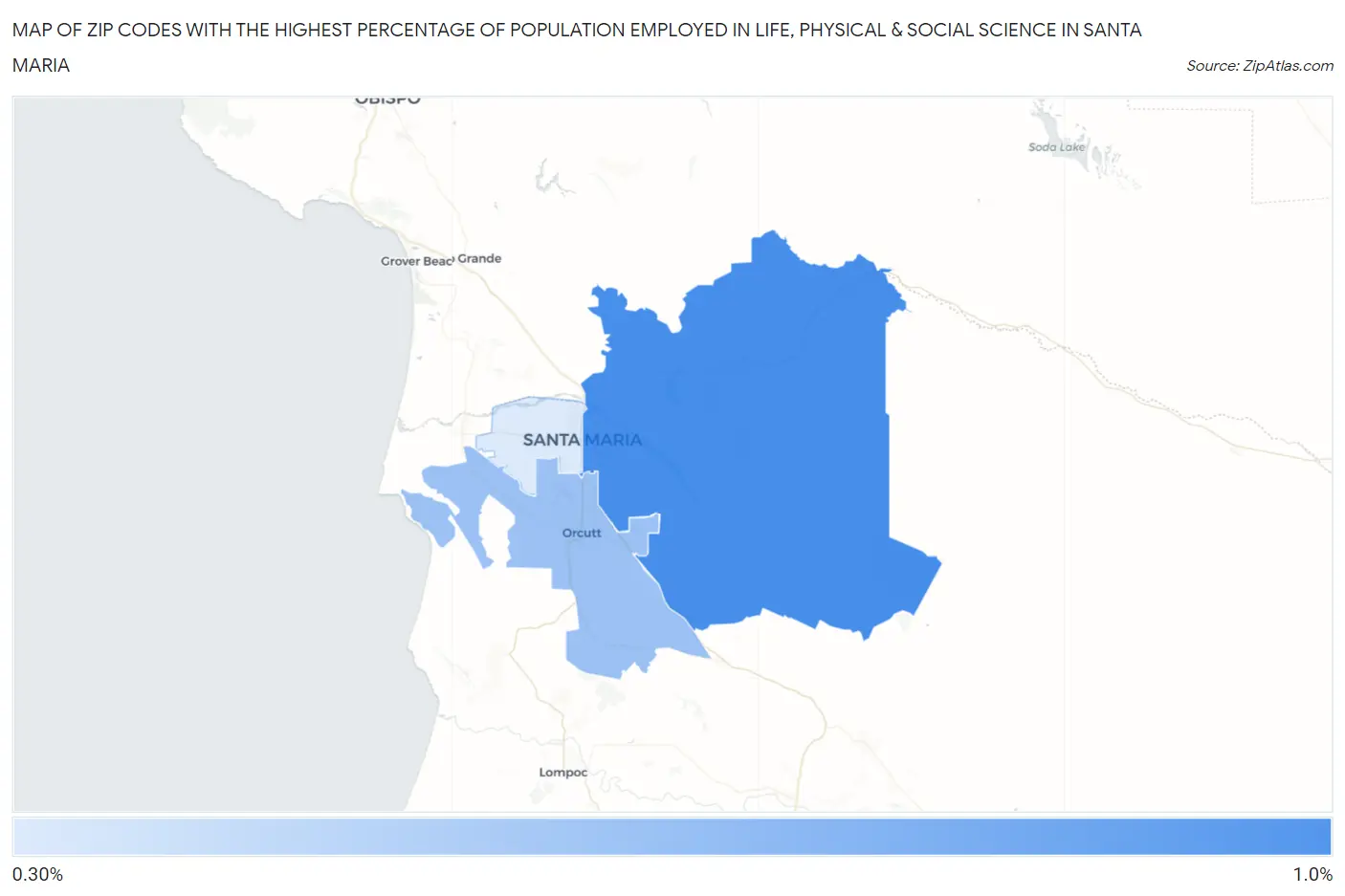 Zip Codes with the Highest Percentage of Population Employed in Life, Physical & Social Science in Santa Maria Map