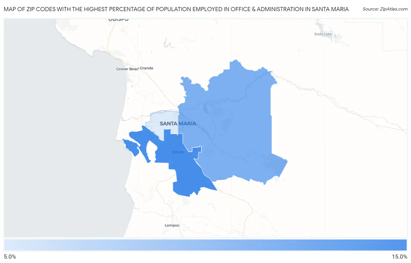 Zip Codes with the Highest Percentage of Population Employed in Office & Administration in Santa Maria Map