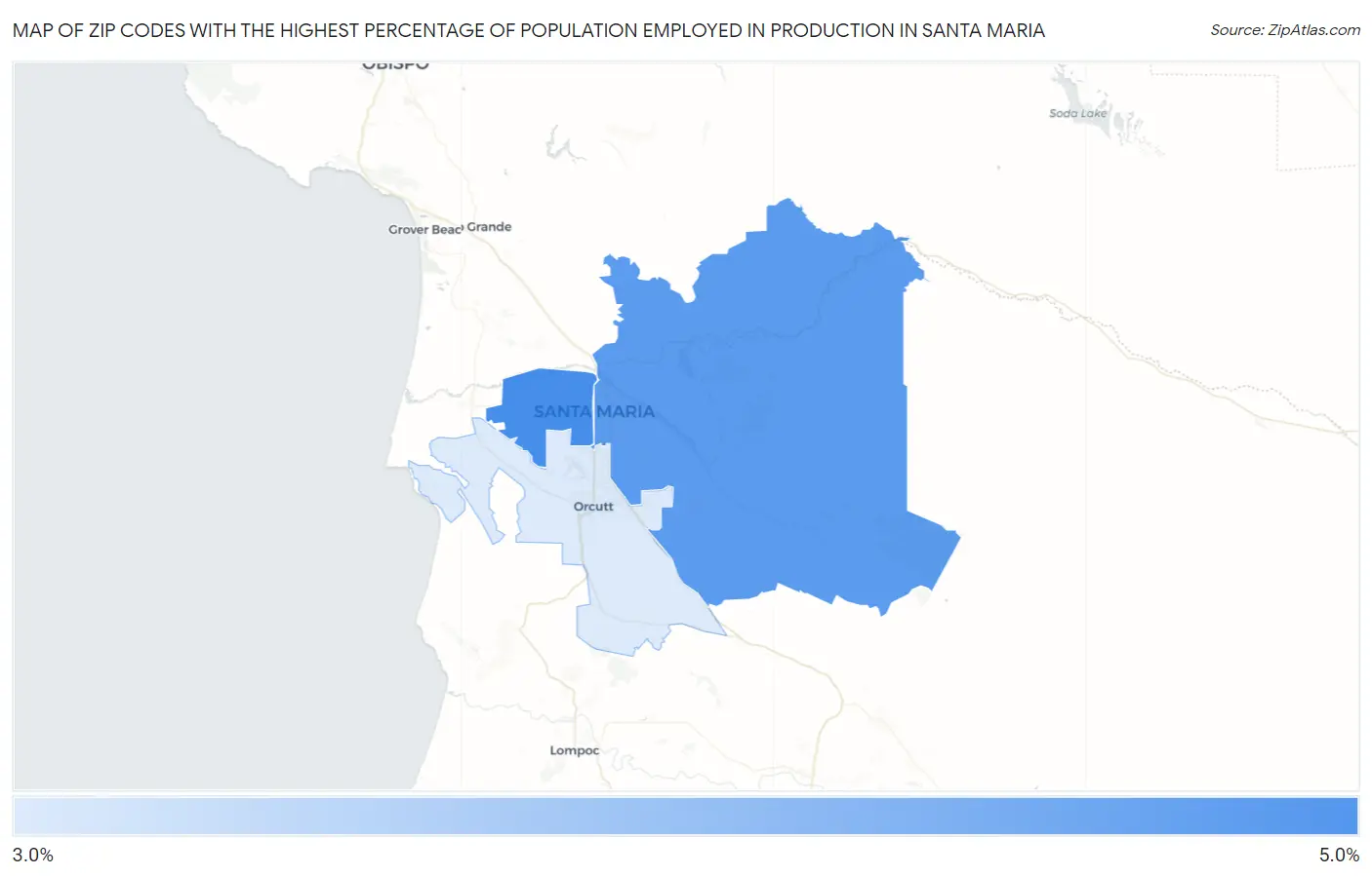 Zip Codes with the Highest Percentage of Population Employed in Production in Santa Maria Map