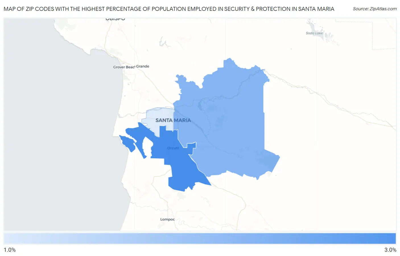 Zip Codes with the Highest Percentage of Population Employed in Security & Protection in Santa Maria Map