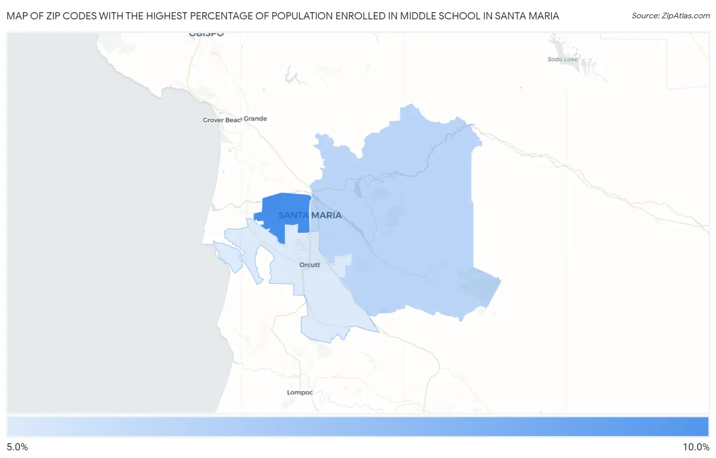 Zip Codes with the Highest Percentage of Population Enrolled in Middle School in Santa Maria Map