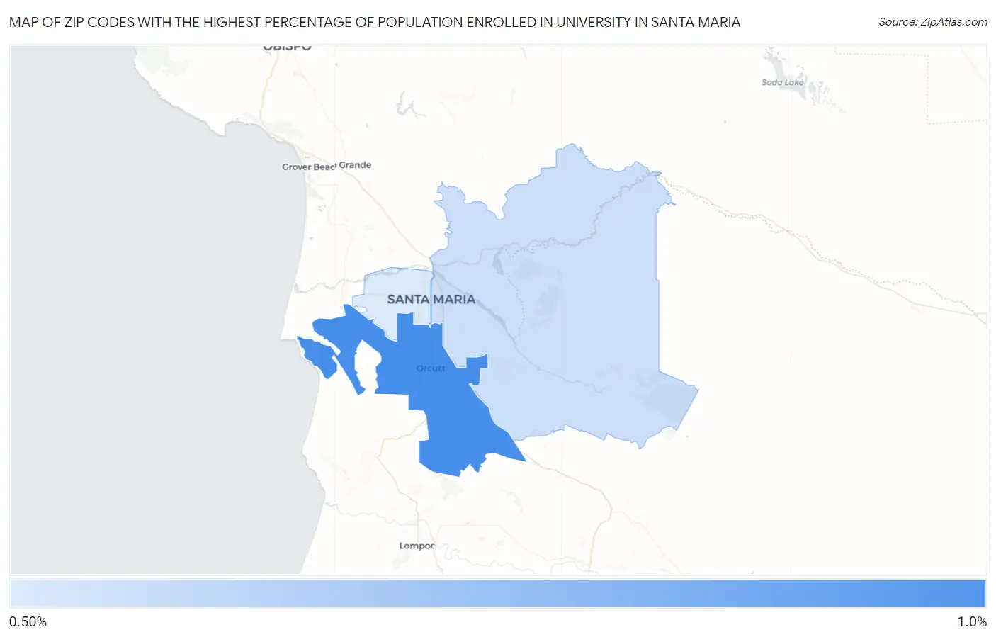 Zip Codes with the Highest Percentage of Population Enrolled in University in Santa Maria Map