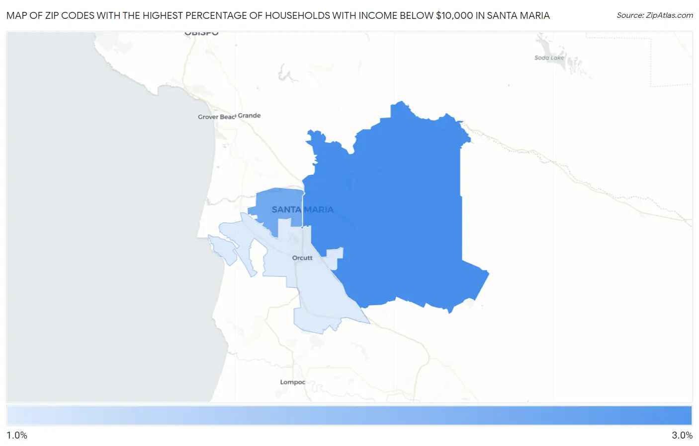 Zip Codes with the Highest Percentage of Households with Income Below $10,000 in Santa Maria Map