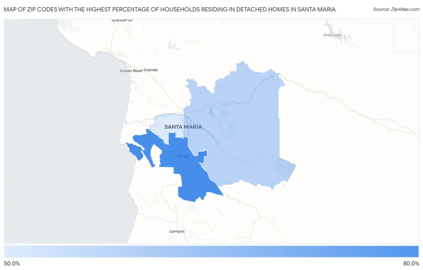 Zip Codes with the Highest Percentage of Households Residing in Detached Homes in Santa Maria Map