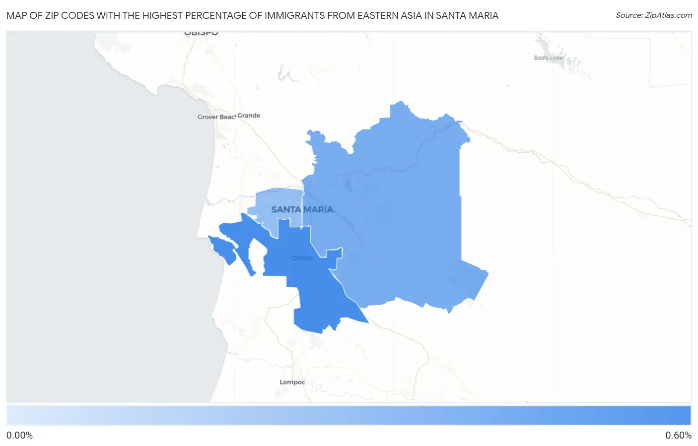Zip Codes with the Highest Percentage of Immigrants from Eastern Asia in Santa Maria Map