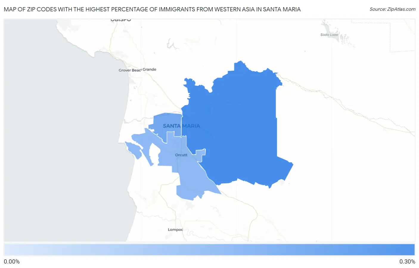 Zip Codes with the Highest Percentage of Immigrants from Western Asia in Santa Maria Map