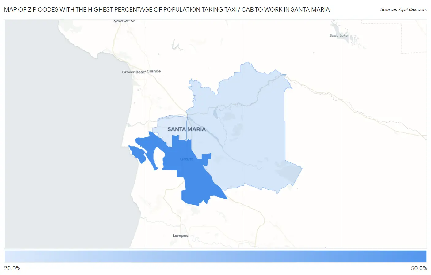 Zip Codes with the Highest Percentage of Population Taking Taxi / Cab to Work in Santa Maria Map