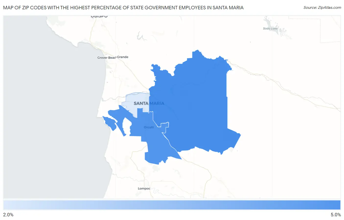 Zip Codes with the Highest Percentage of State Government Employees in Santa Maria Map