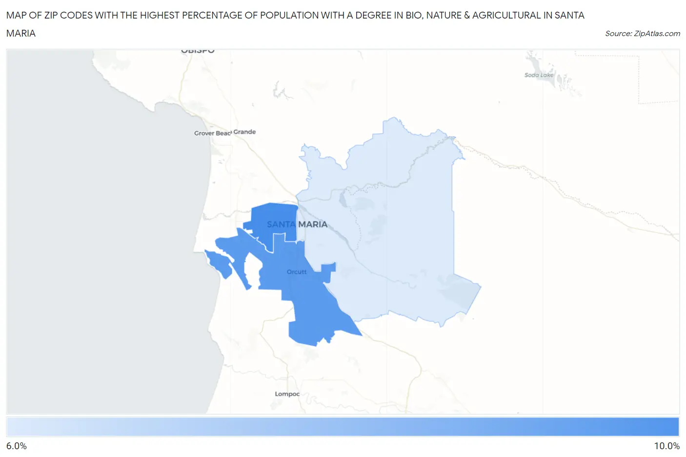 Zip Codes with the Highest Percentage of Population with a Degree in Bio, Nature & Agricultural in Santa Maria Map