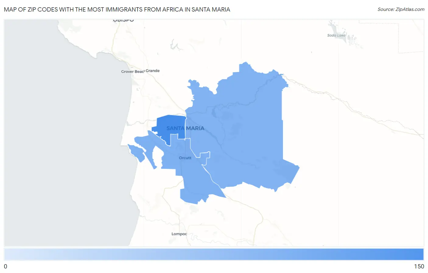 Zip Codes with the Most Immigrants from Africa in Santa Maria Map