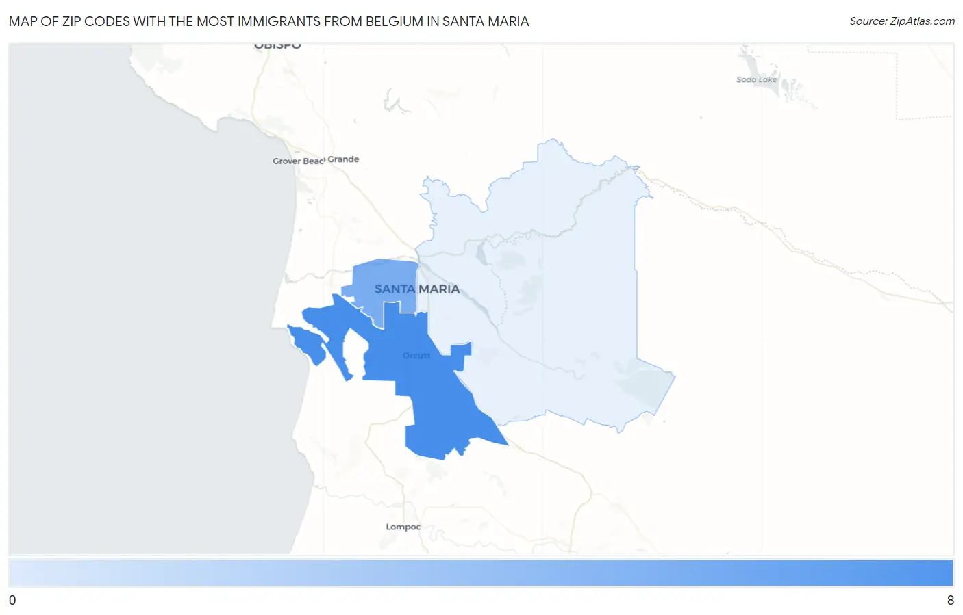 Zip Codes with the Most Immigrants from Belgium in Santa Maria Map