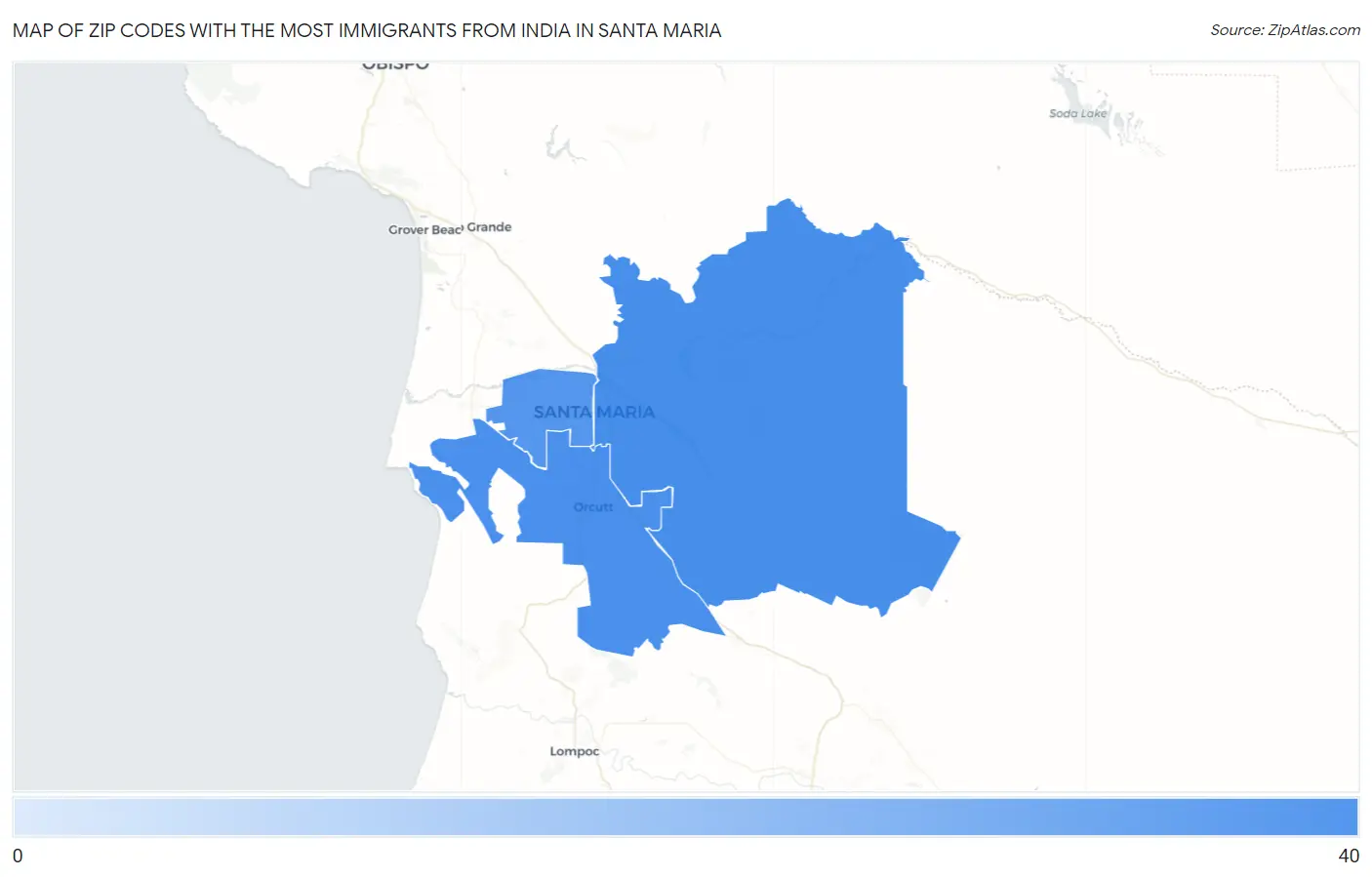 Zip Codes with the Most Immigrants from India in Santa Maria Map