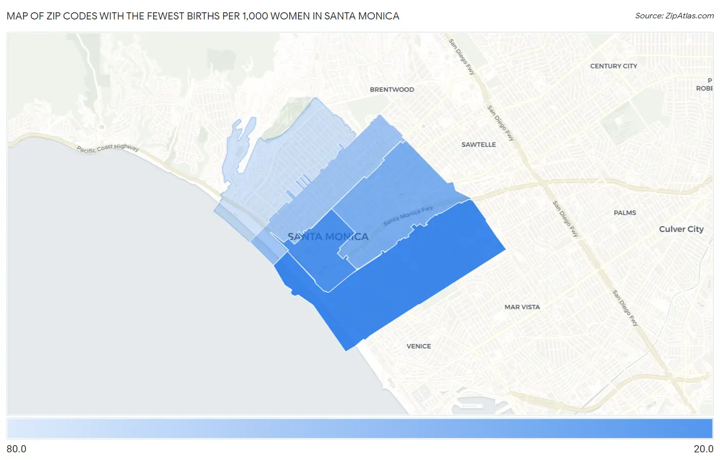 Zip Codes with the Fewest Births per 1,000 Women in Santa Monica Map