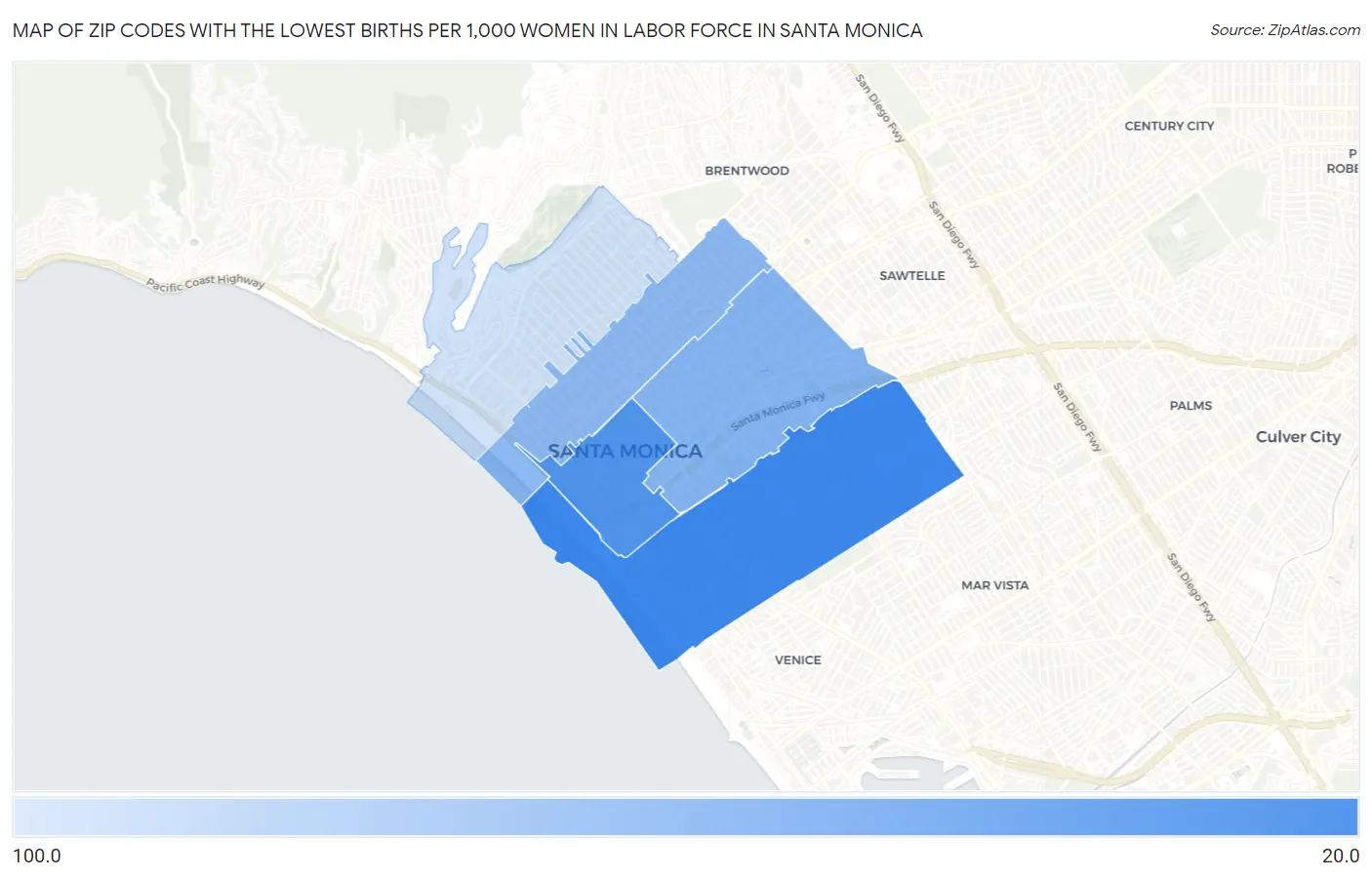 Zip Codes with the Lowest Births per 1,000 Women in Labor Force in Santa Monica Map
