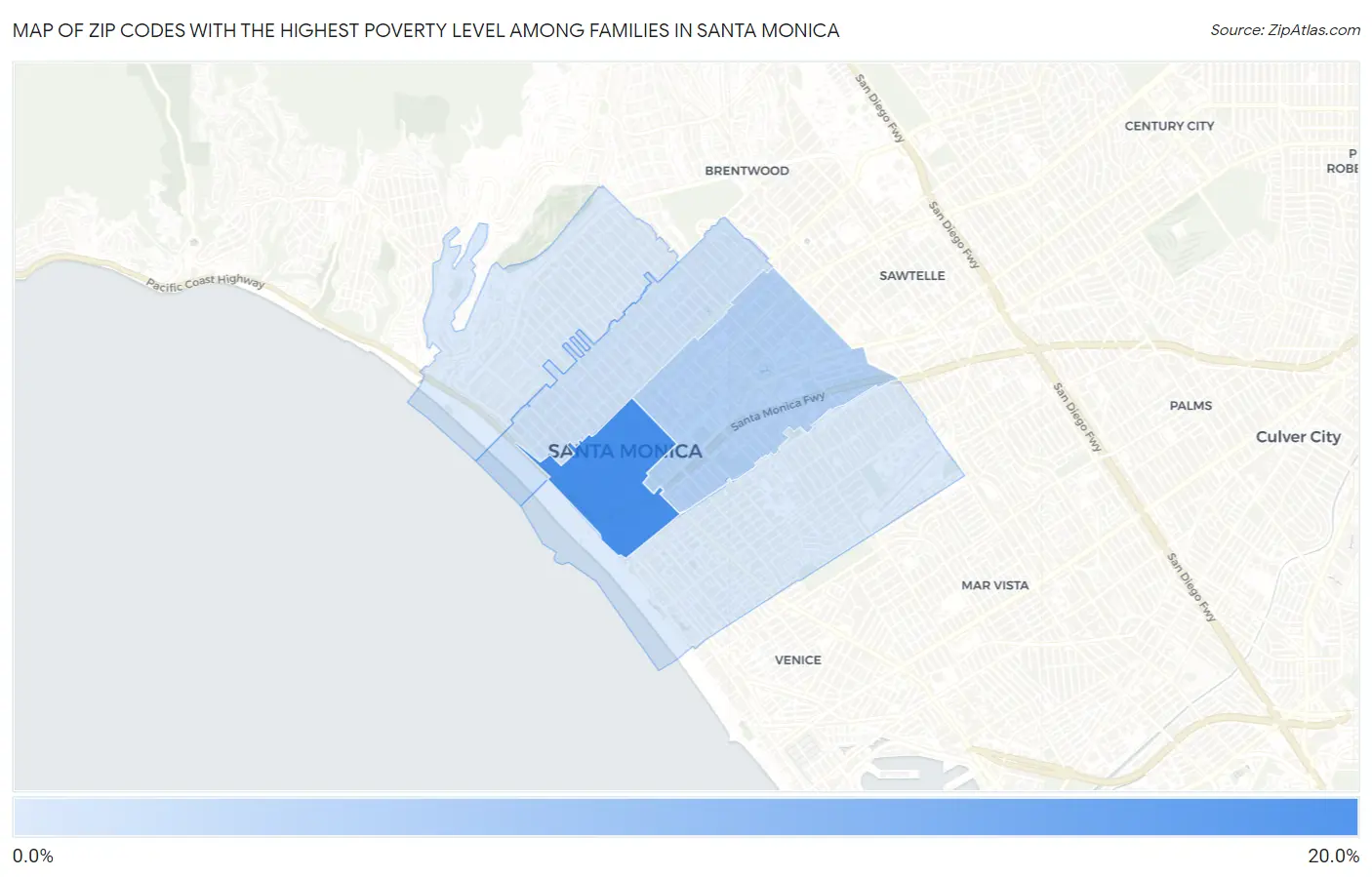 Zip Codes with the Highest Poverty Level Among Families in Santa Monica Map