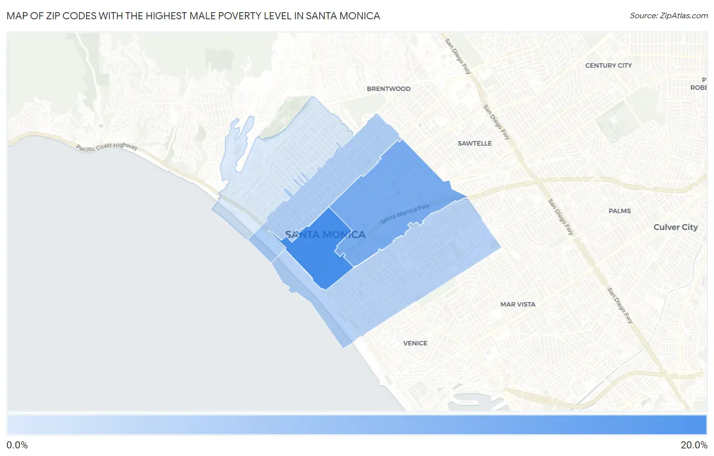 Zip Codes with the Highest Male Poverty Level in Santa Monica Map