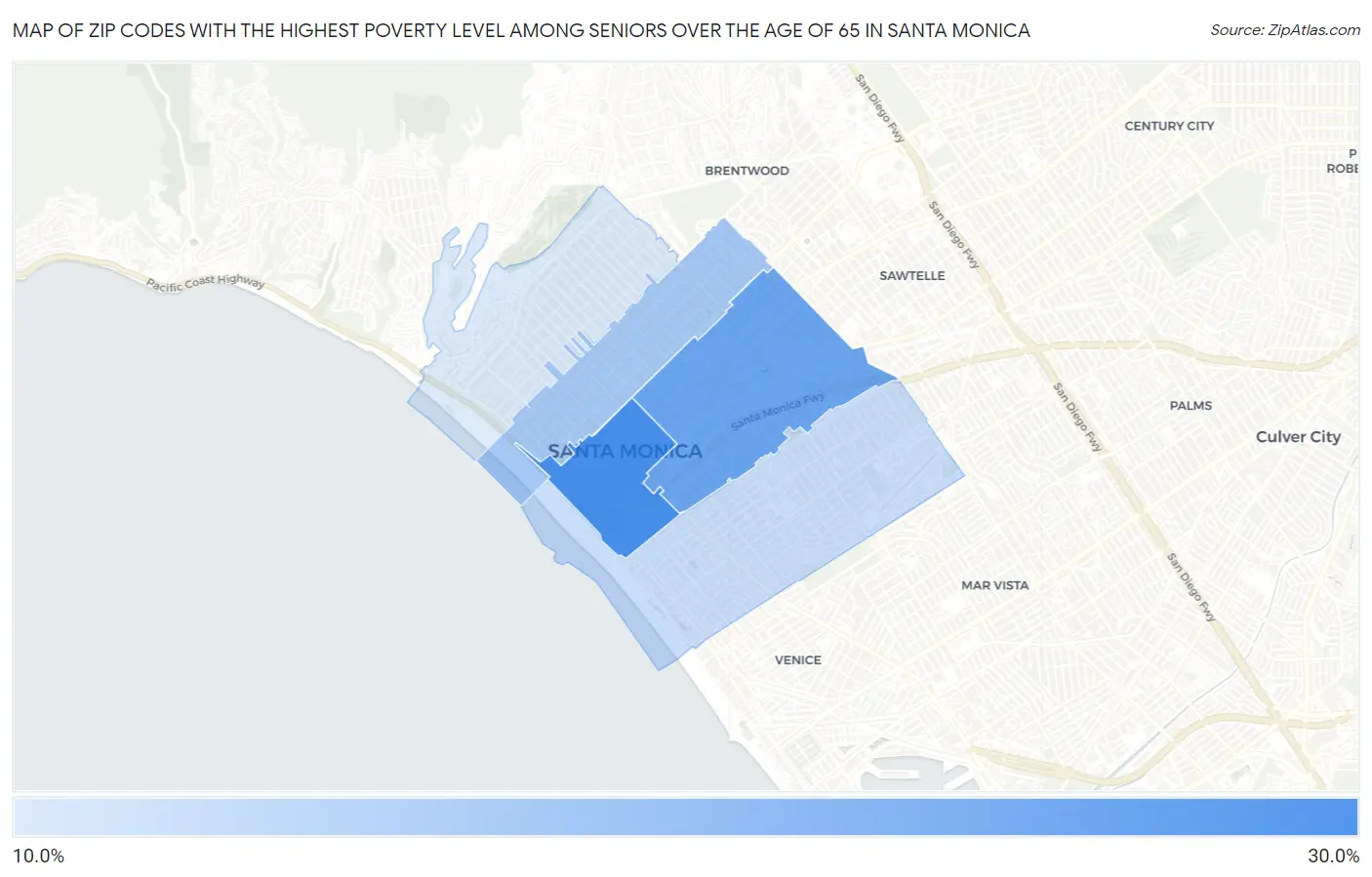 Zip Codes with the Highest Poverty Level Among Seniors Over the Age of 65 in Santa Monica Map