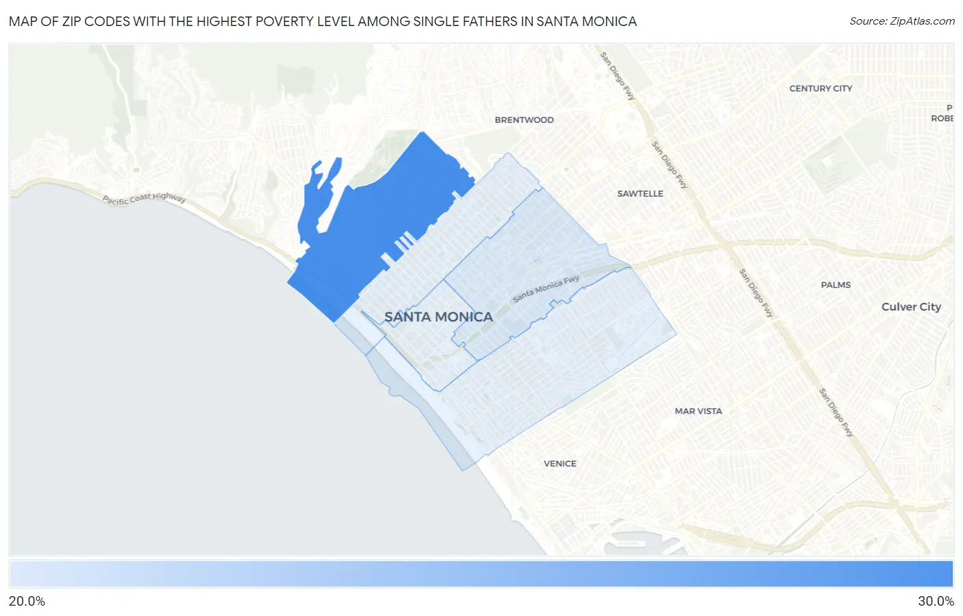 Zip Codes with the Highest Poverty Level Among Single Fathers in Santa Monica Map