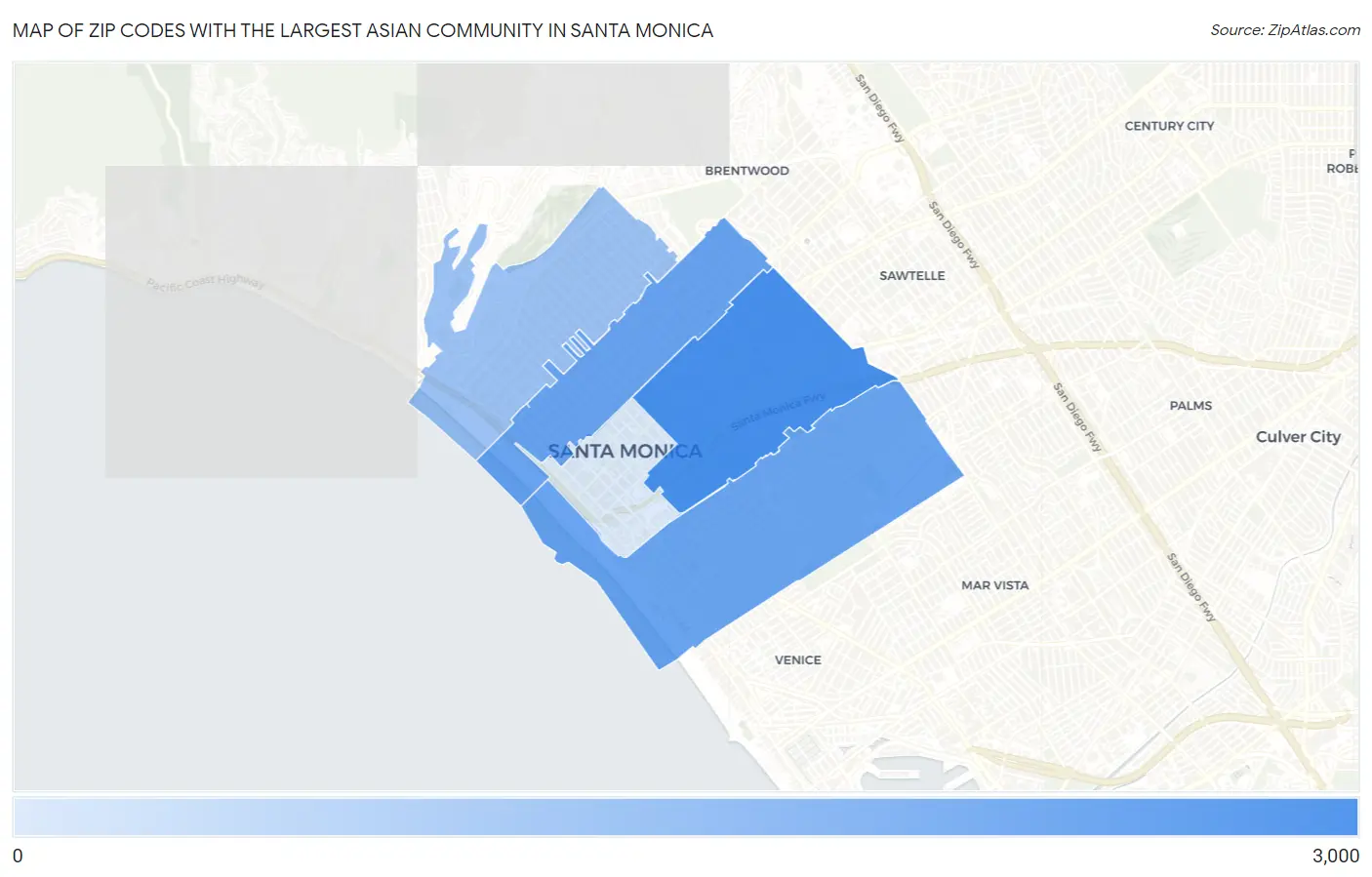 Zip Codes with the Largest Asian Community in Santa Monica Map