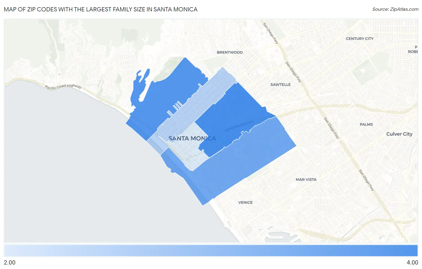 Zip Codes with the Largest Family Size in Santa Monica Map