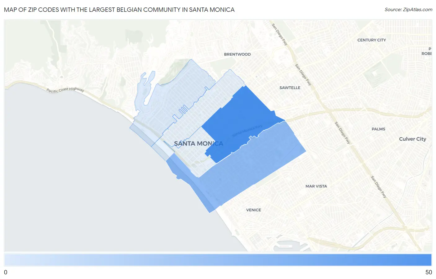 Zip Codes with the Largest Belgian Community in Santa Monica Map