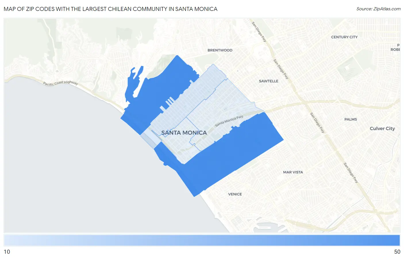 Zip Codes with the Largest Chilean Community in Santa Monica Map