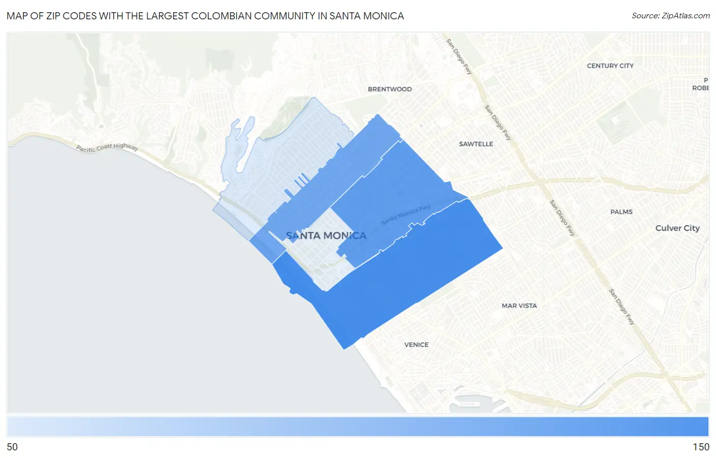 Zip Codes with the Largest Colombian Community in Santa Monica Map
