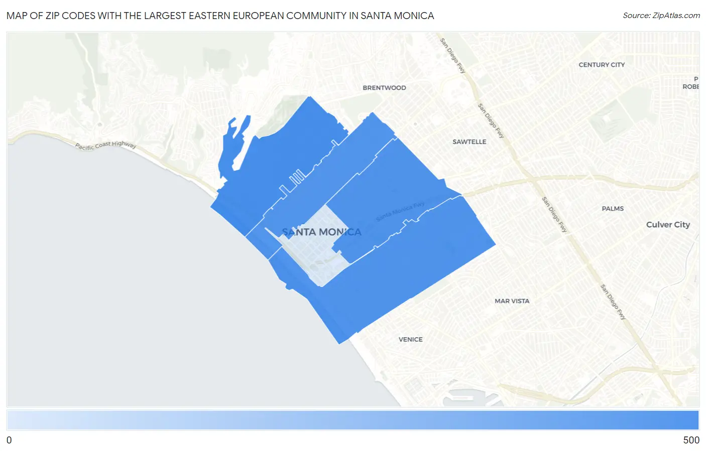 Zip Codes with the Largest Eastern European Community in Santa Monica Map