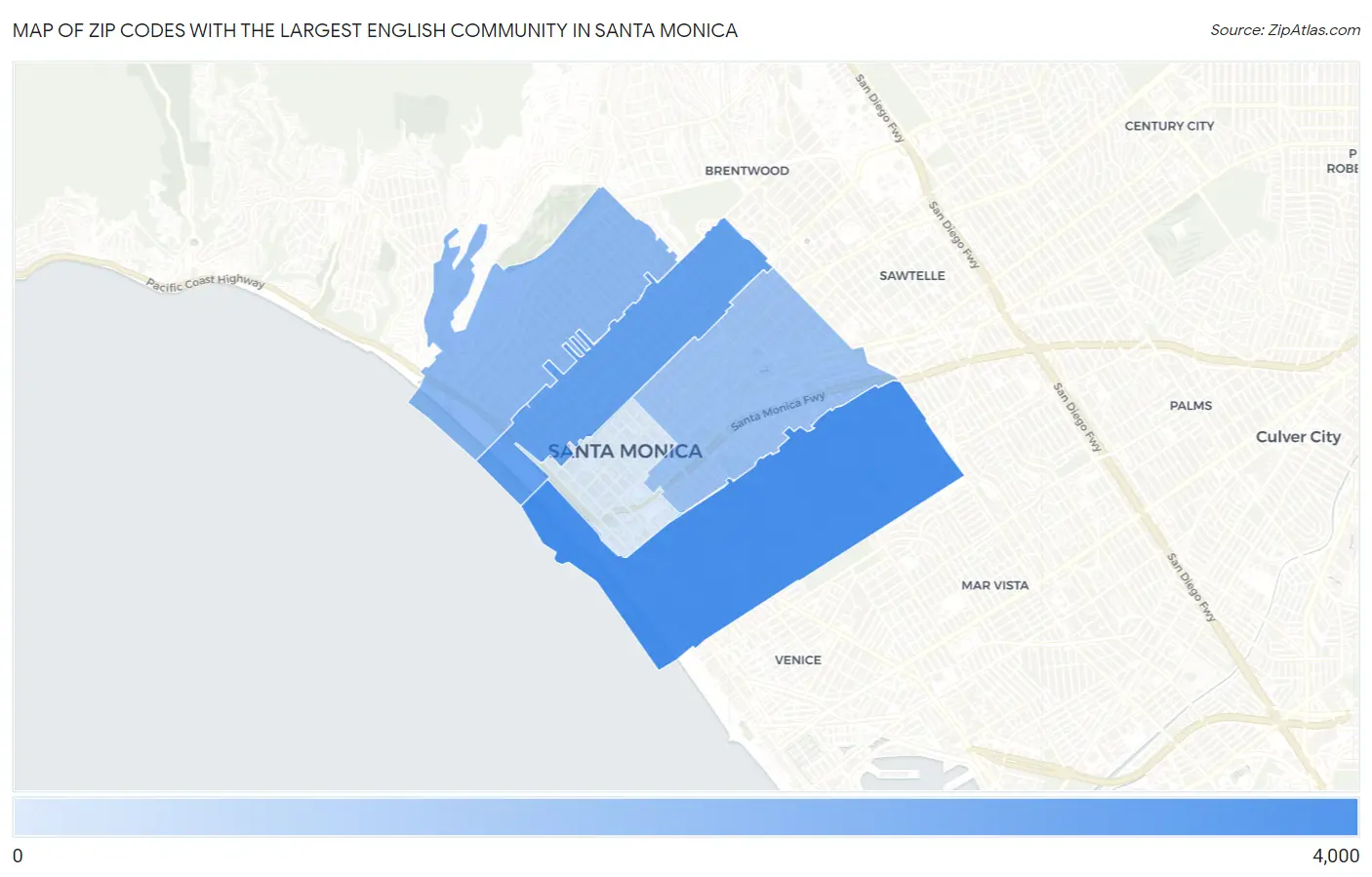 Zip Codes with the Largest English Community in Santa Monica Map