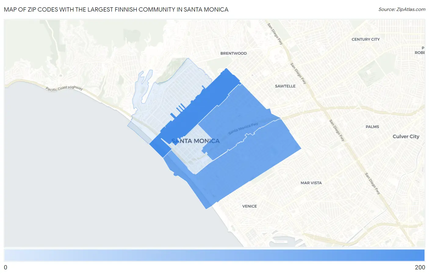 Zip Codes with the Largest Finnish Community in Santa Monica Map