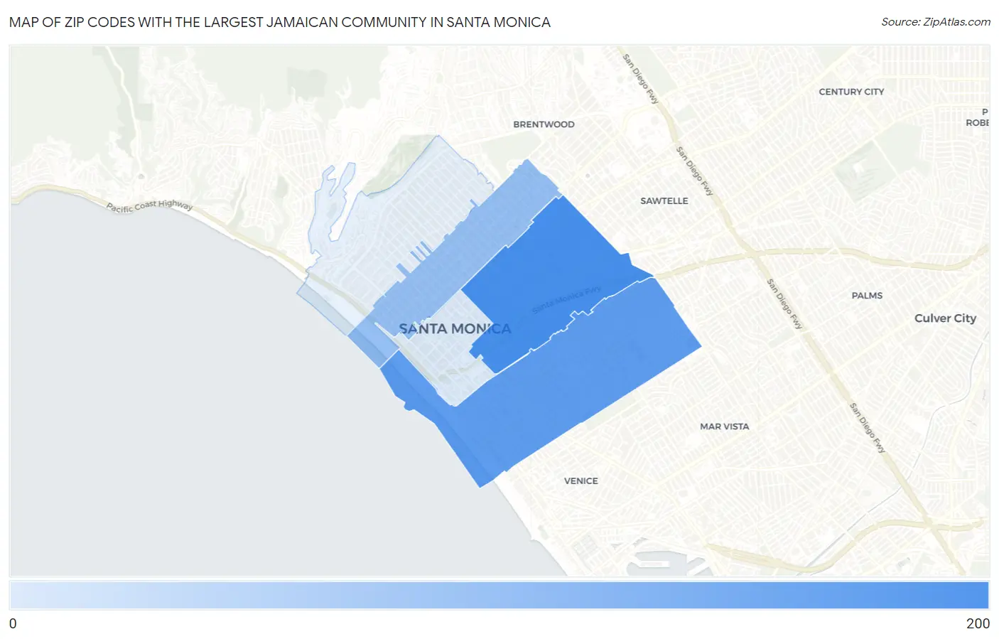 Zip Codes with the Largest Jamaican Community in Santa Monica Map
