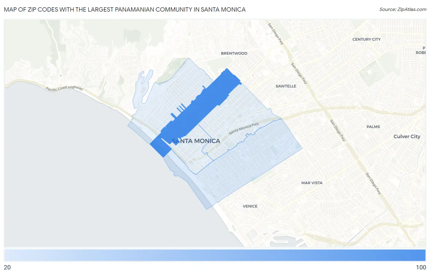 Zip Codes with the Largest Panamanian Community in Santa Monica Map