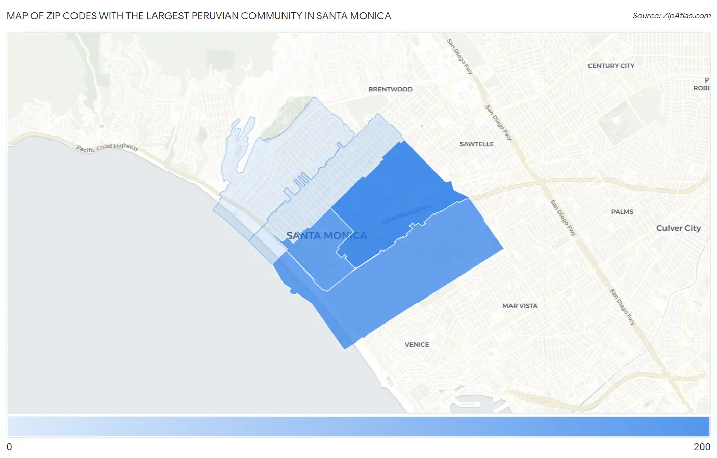 Zip Codes with the Largest Peruvian Community in Santa Monica Map